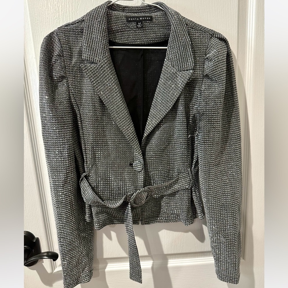 Haute Monde Black Silver Metallic Puff Sleeve Jacket Blazer With Belt Sz M